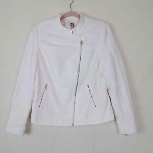 Anne Klein Womens Blazer Sz M White‎ Cotton Career Jacket Asymmetrical Zip Motto